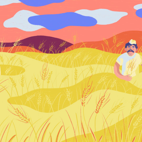 Zwei Personen mit Hüten stehen in einem goldenen Weizenfeld unter einem farbenfrohen Himmel mit rosa, orangefarbenen und violetten Tönen und sanften Hügeln im Hintergrund. Einer blickt nach vorne, der andere nach hinten.