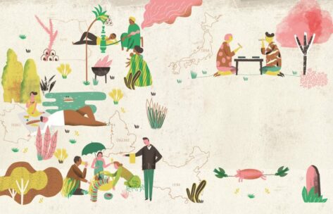 Eine farbenfrohe, skurrile Illustration zeigt verschiedene Gruppen von Menschen und Pflanzen, die über vereinfachten Karten von Europa, Afrika und Asien positioniert sind und verschiedenen Aktivitäten wie Essen, Reden und Entspannung im Freien nachgehen.