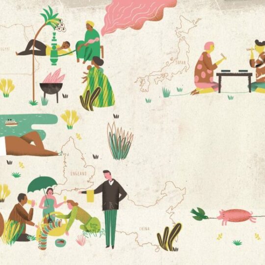 Eine farbenfrohe, skurrile Illustration zeigt verschiedene Gruppen von Menschen und Pflanzen, die über vereinfachten Karten von Europa, Afrika und Asien positioniert sind und verschiedenen Aktivitäten wie Essen, Reden und Entspannung im Freien nachgehen.